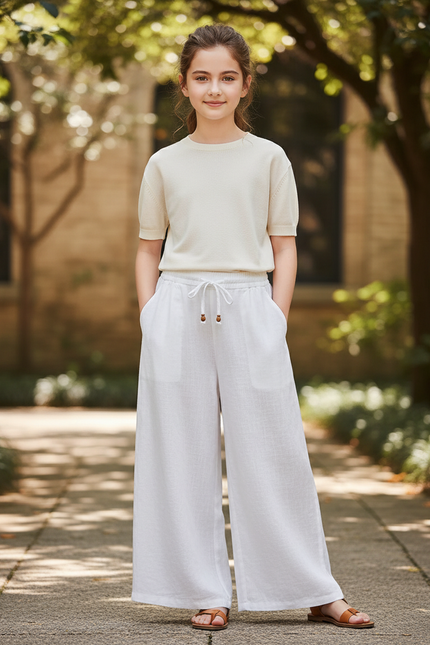 Pantalon En Lin Blanc Ample Décontracté Fluide Fille