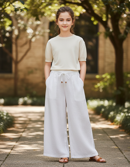 Pantalon En Lin Blanc Ample Décontracté Fluide Fille