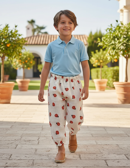 Pantalon En Lin Blanc Imprimé Coccinelles Ample Confortable Enfant