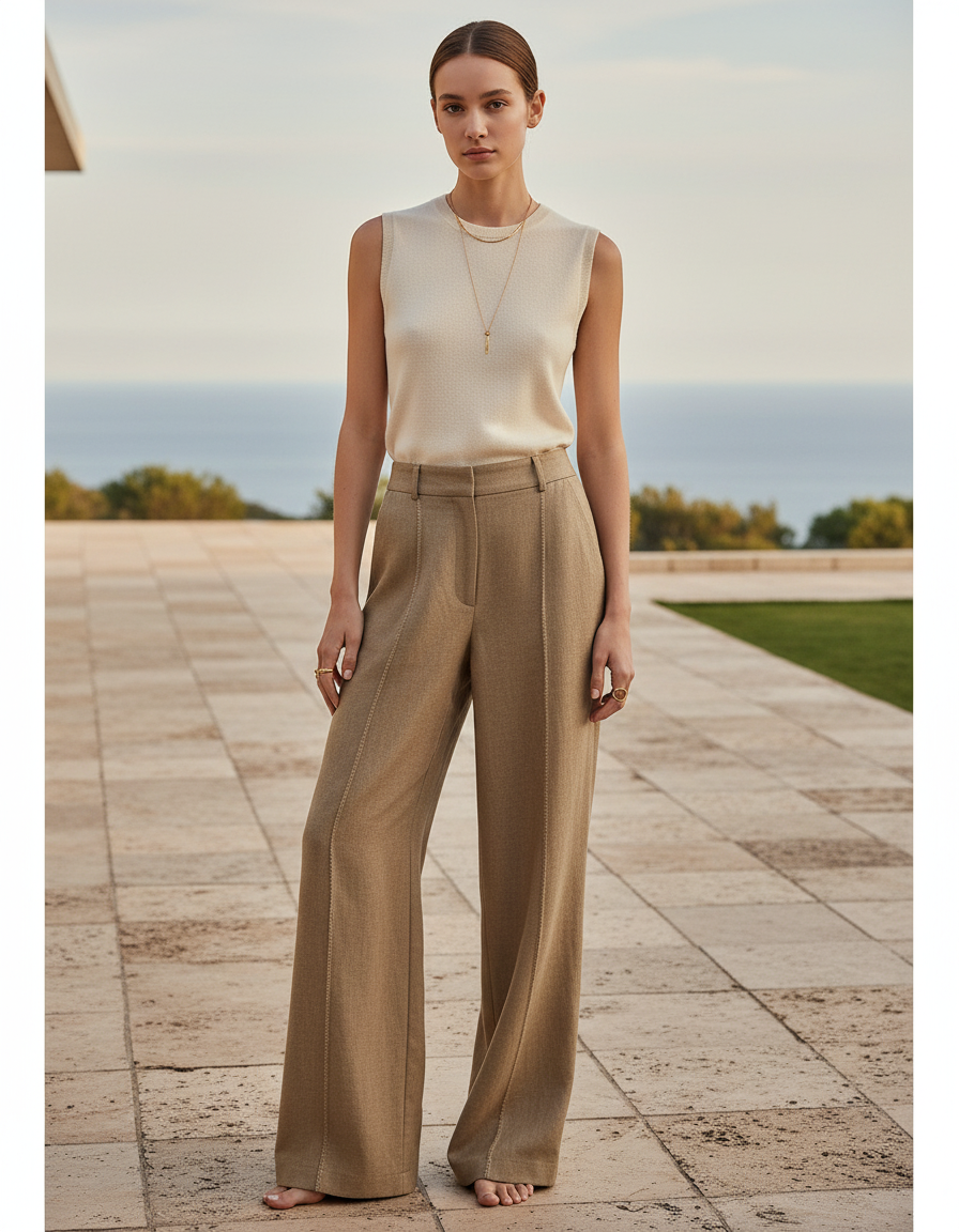 Pantalon En Lin Marron Ample Taille Haute Fluide