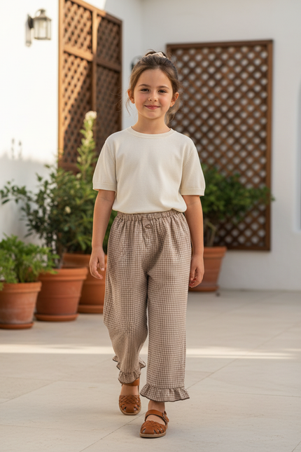 Pantalon En Lin Fille Beige Coupe Ample - Imprimé