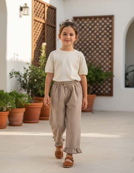 Pantalon En Lin Fille Beige Coupe Ample - Imprimé