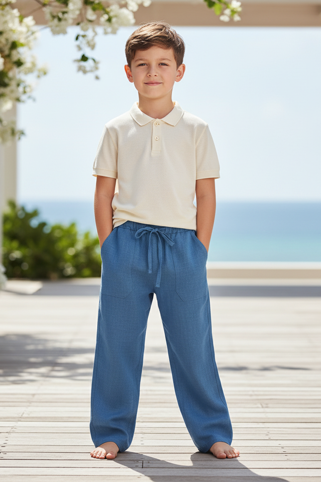 Pantalon En Lin Bleu Enfant Ample Cordon Décontracté
