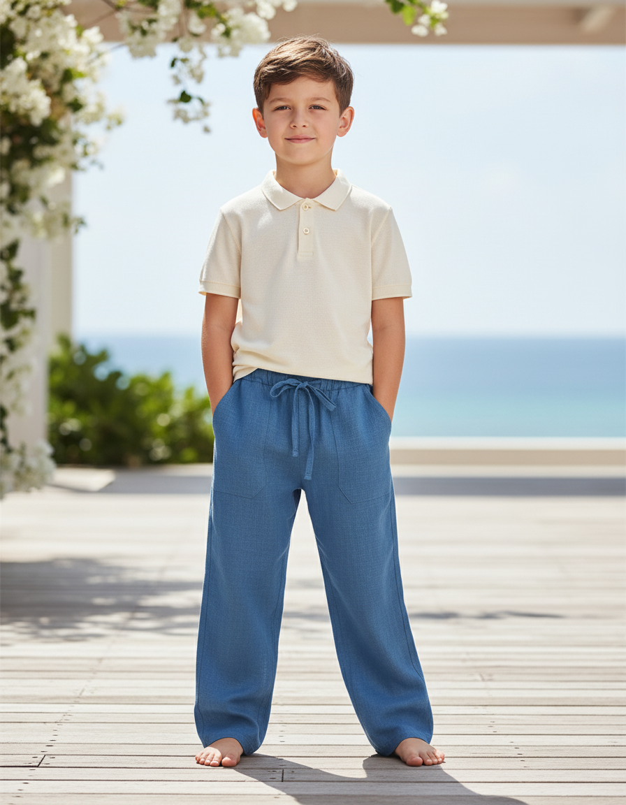 Pantalon En Lin Bleu Enfant Ample Cordon Décontracté