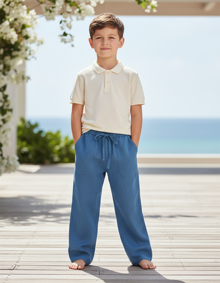 Pantalon En Lin Bleu Enfant Ample Cordon Décontracté