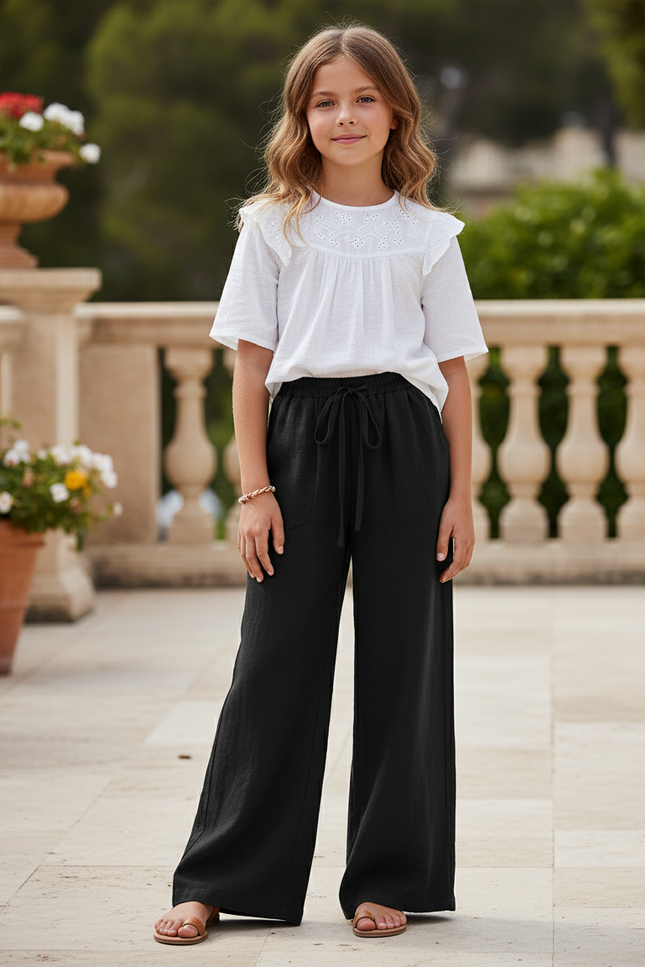 Pantalon En Lin Noir Ample Décontracté Fille