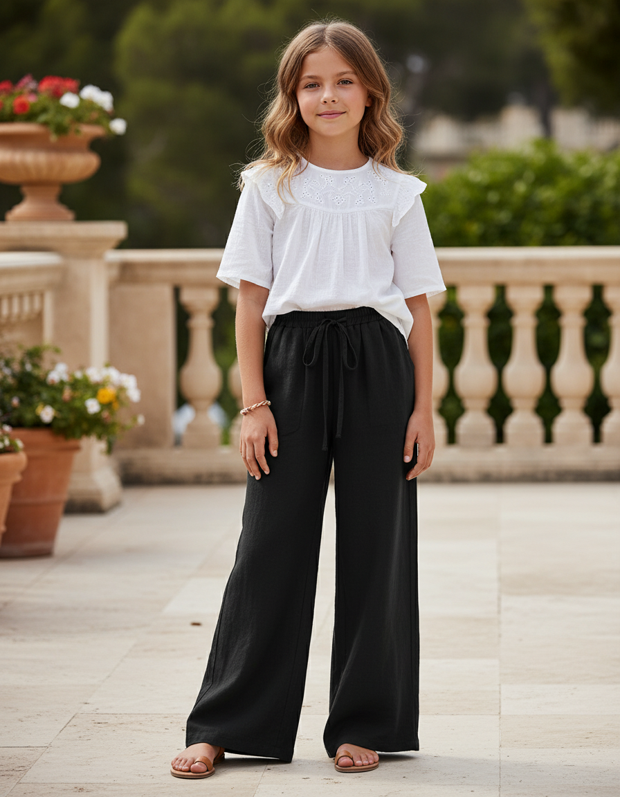 Pantalon En Lin Noir Ample Décontracté Fille