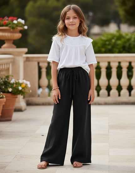Pantalon En Lin Noir Ample Décontracté Fille