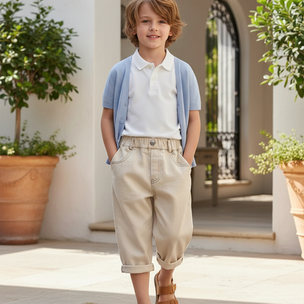 Pantalon En Lin Écru Garçon Ample Décontracté Coton - Beige