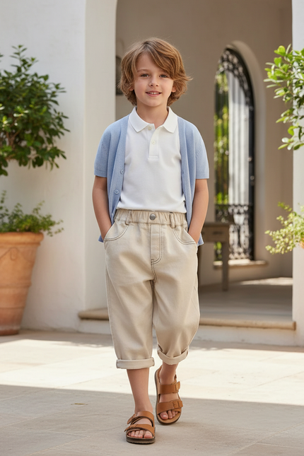 Pantalon En Lin Écru Garçon Ample Décontracté Coton - Beige