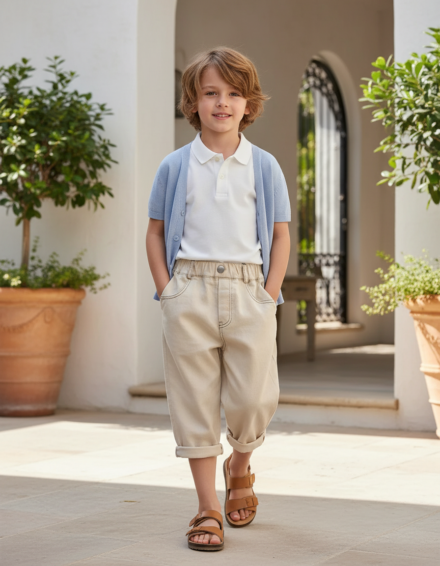 Pantalon En Lin Écru Garçon Ample Décontracté Coton - Beige