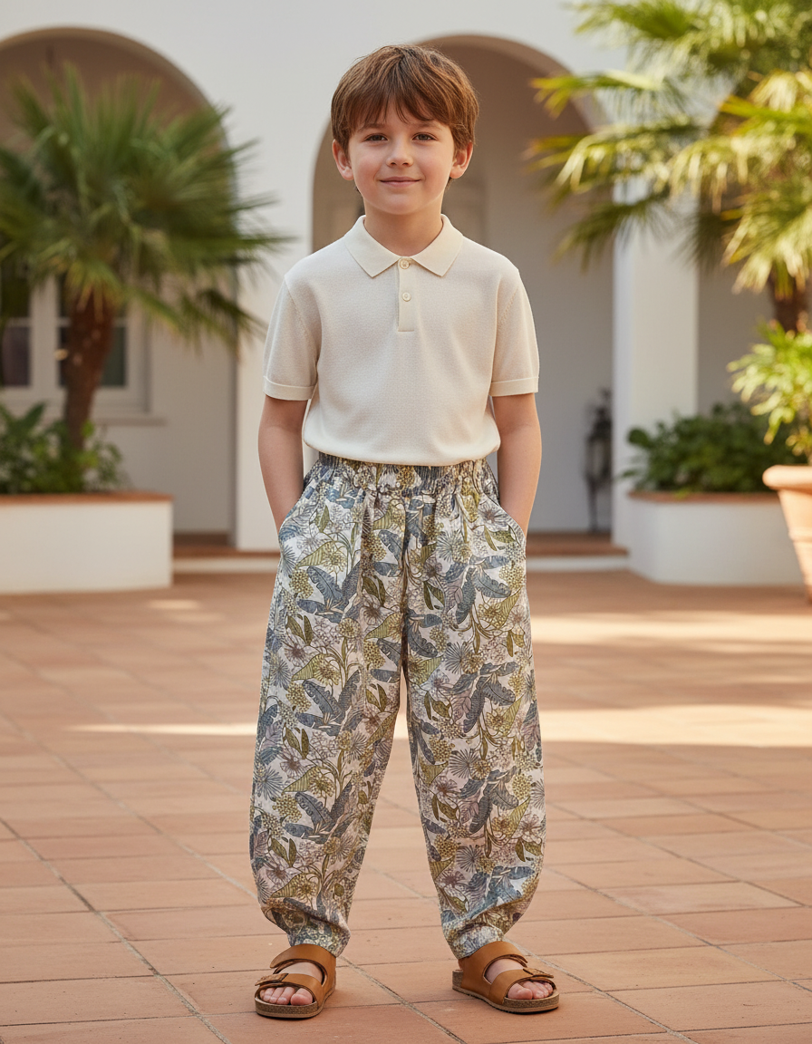 Pantalon En Lin Ample Imprimé Feuillage Exotique Enfant