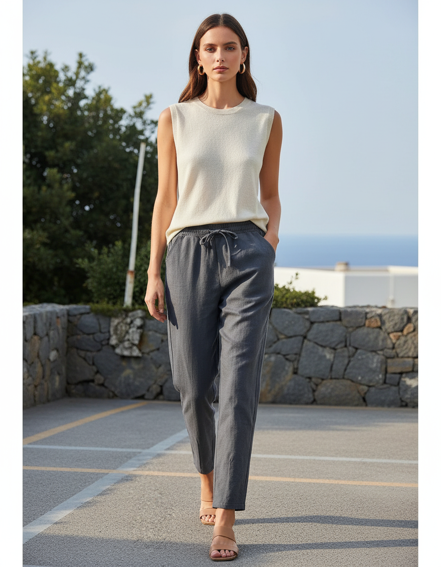 Pantalon En Lin Gris Cordon Décontracté Femme