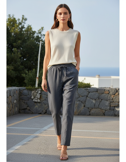 Pantalon En Lin Gris Cordon Décontracté Femme
