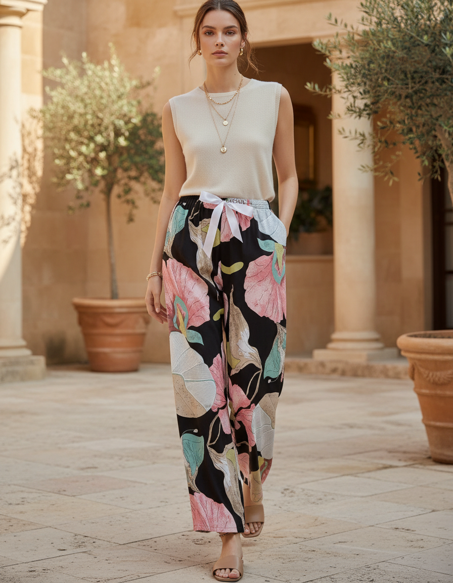 Pantalon En Lin Fluide Imprimé Floral Ample Estival Noir