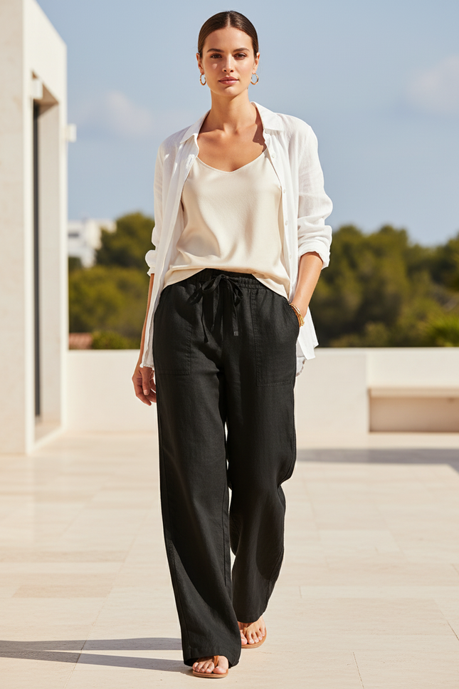 Pantalon En Lin Noir Ample Décontracté Léger Femme