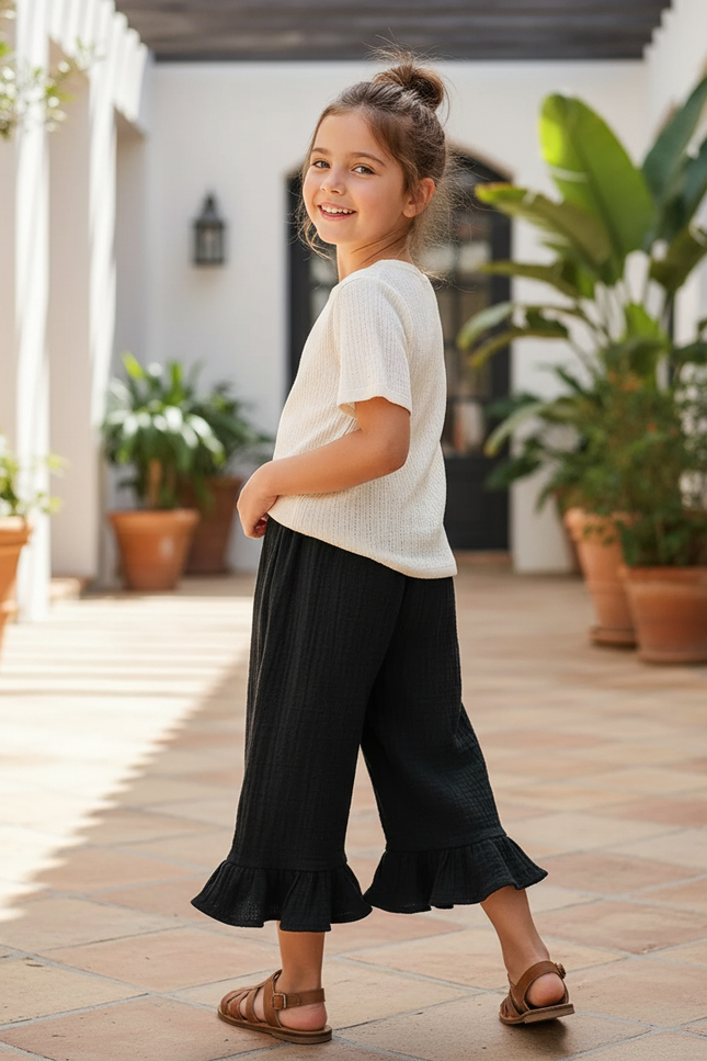 Pantalon En Lin Noir Ample Volants Fille Confortable