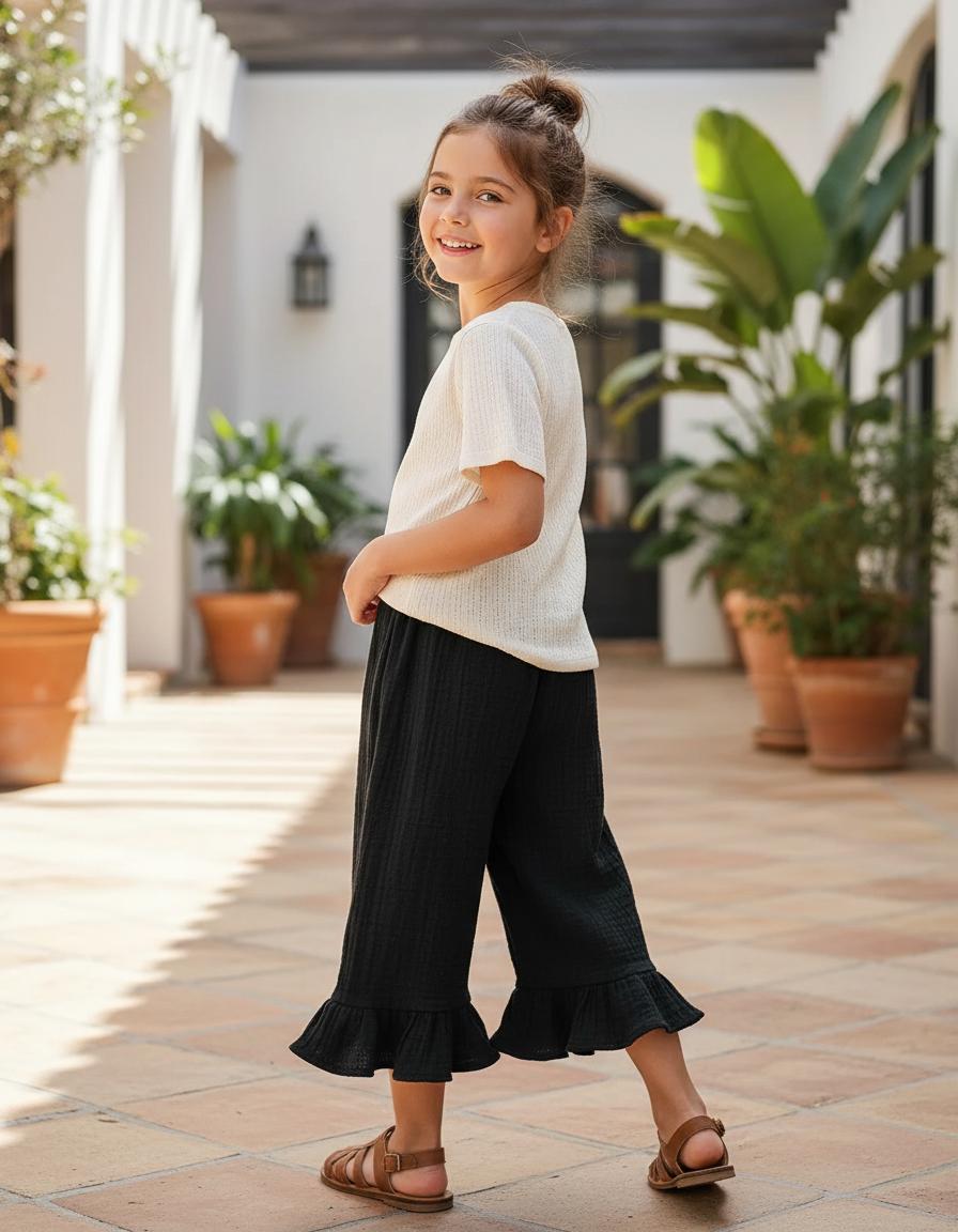 Pantalon En Lin Noir Ample Volants Fille Confortable