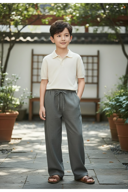 Pantalon En Lin Homme Ample Droit Décontracté Cordon Gris