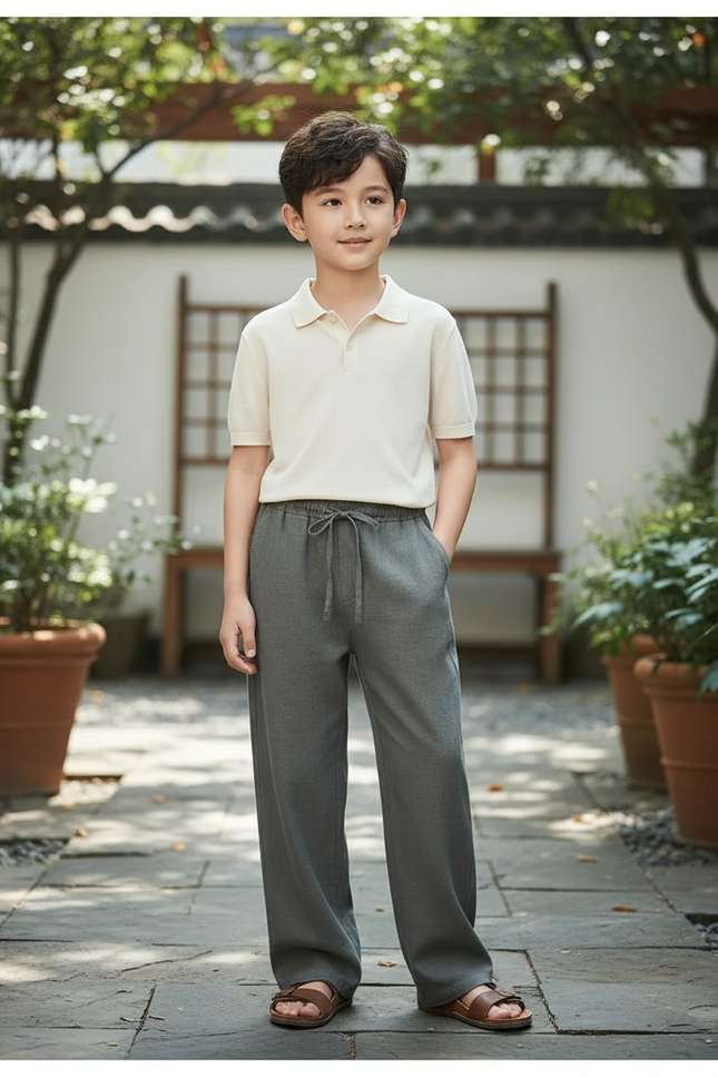 Pantalon En Lin Homme Ample Droit Décontracté Cordon Gris