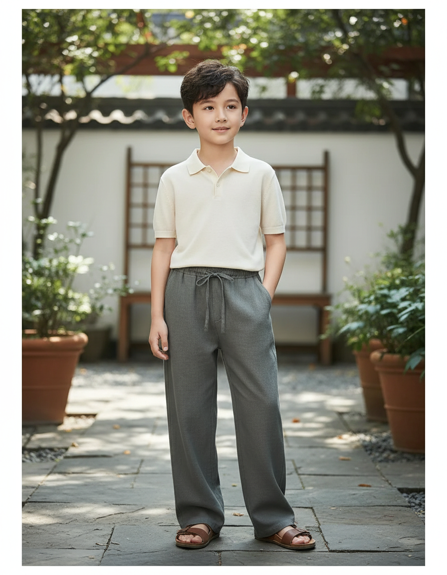 Pantalon En Lin Homme Ample Droit Décontracté Cordon Gris