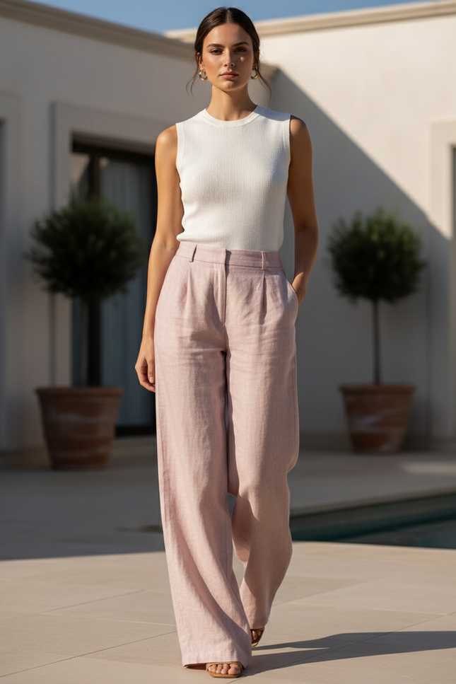 Pantalon En Lin Rose Ample Taille Haute Fluide Élégant