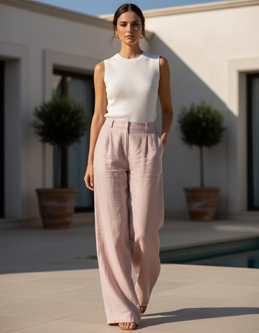 Pantalon En Lin Rose Ample Taille Haute Fluide Élégant