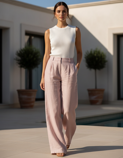 Pantalon En Lin Rose Ample Taille Haute Fluide Élégant