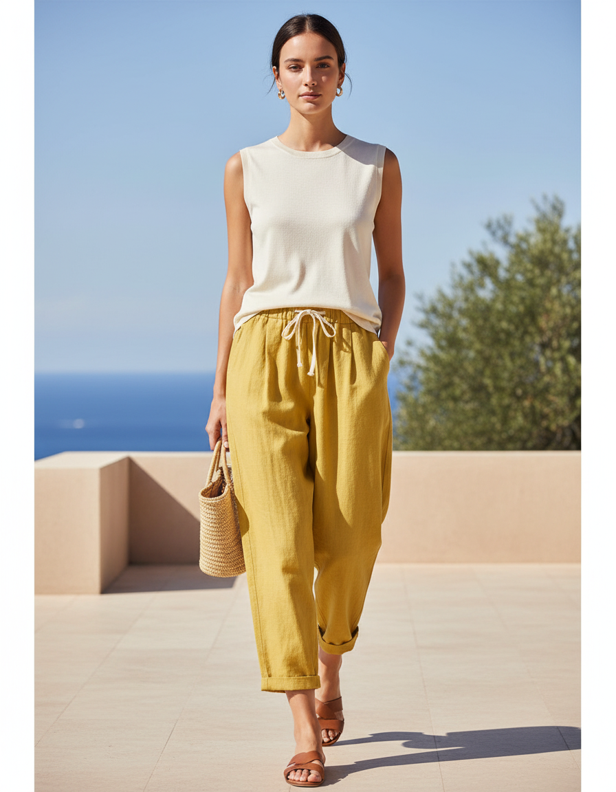 Pantalon En Lin Ample Jaune Taille Haute Décontracté