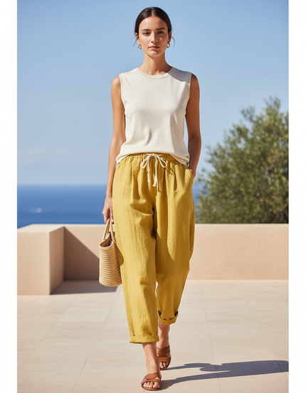 Pantalon En Lin Ample Jaune Taille Haute Décontracté