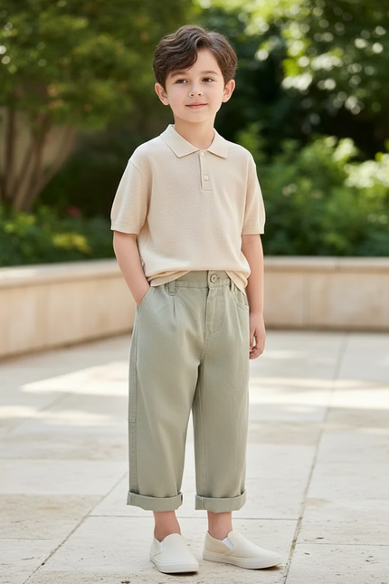 Pantalon En Lin Vert Ample Plissé Décontracté Enfant
