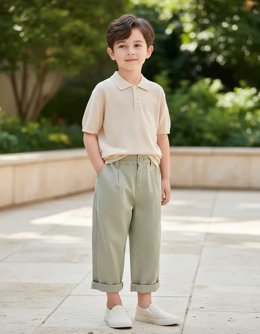 Pantalon En Lin Vert Ample Plissé Décontracté Enfant
