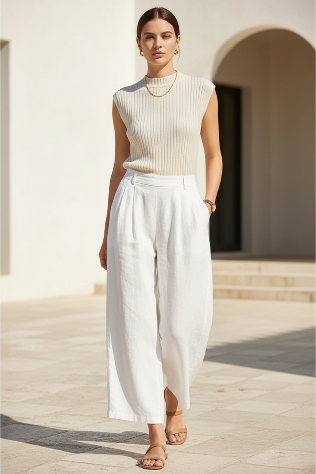 Pantalon En Lin Pas Transparent - Blanc