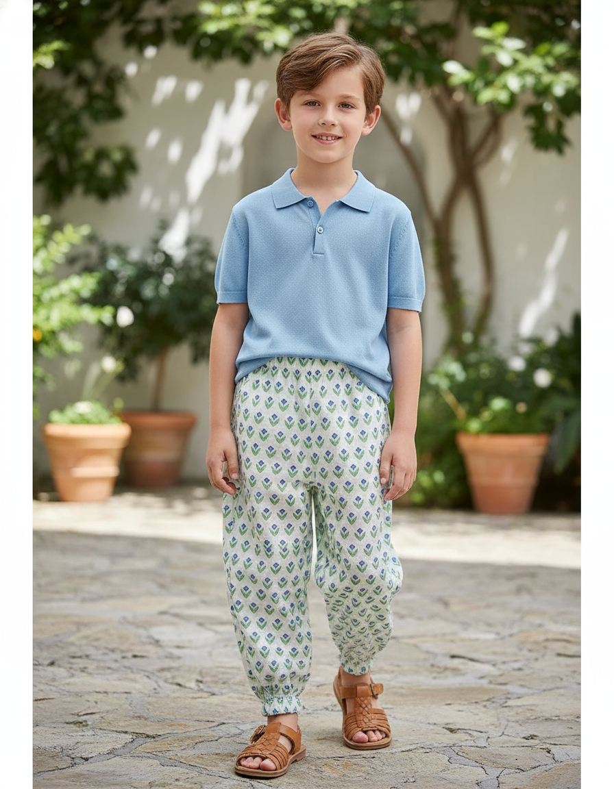 Pantalon En Lin Imprimé Floral Ample Élastique Enfant