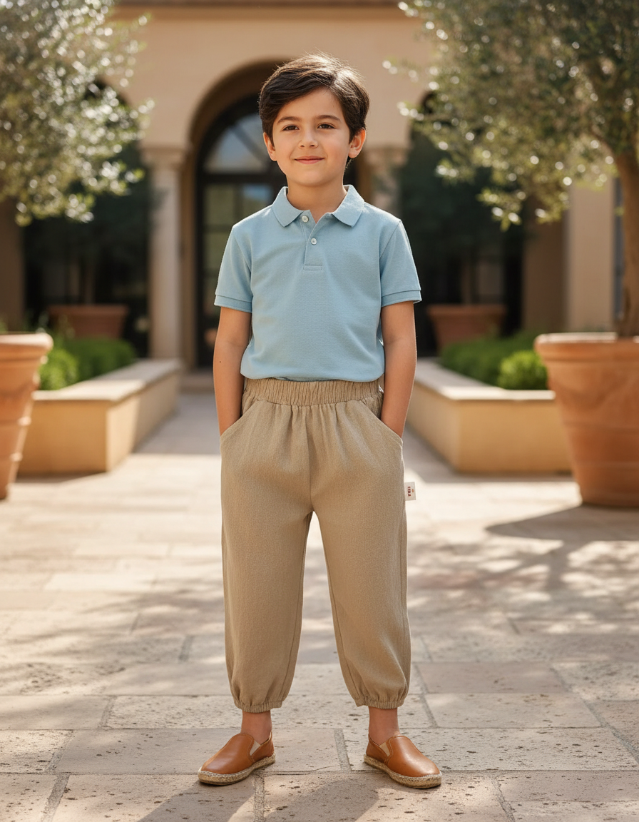 Pantalon En Lin Beige Ample Décontracté Garçon