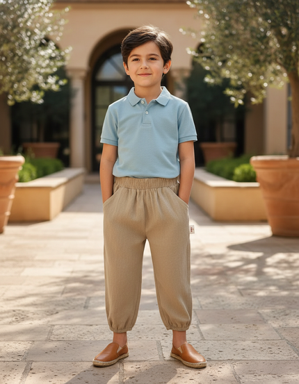 Pantalon En Lin Beige Ample Décontracté Garçon