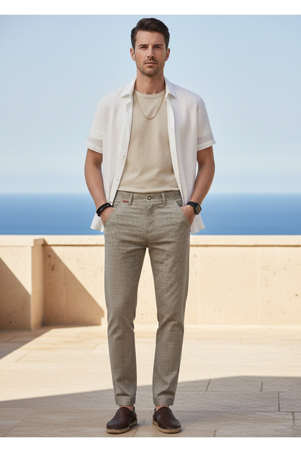 Pantalon En Lin Homme Droit Décontracté Léger Beige