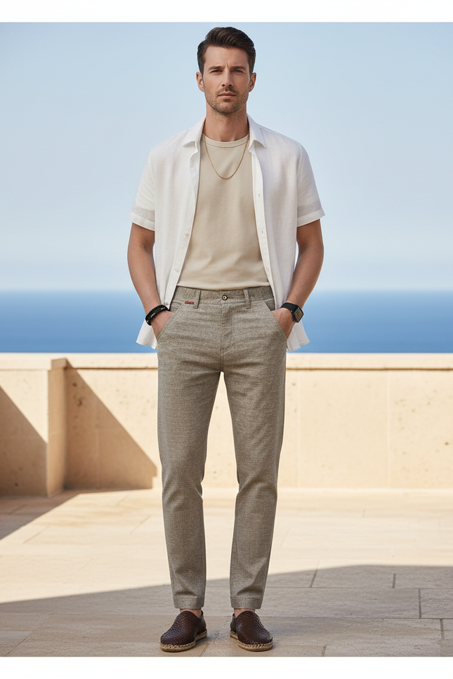 Pantalon En Lin Homme Droit Décontracté Léger Beige