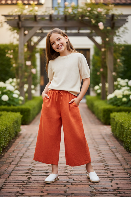 Pantalon En Lin Orange Large Fluide Confortable Fille