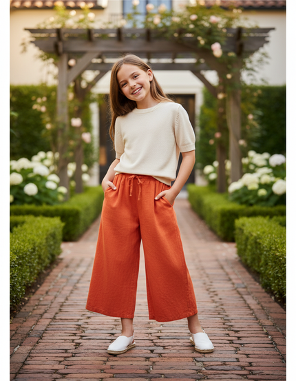 Pantalon En Lin Orange Large Fluide Confortable Fille
