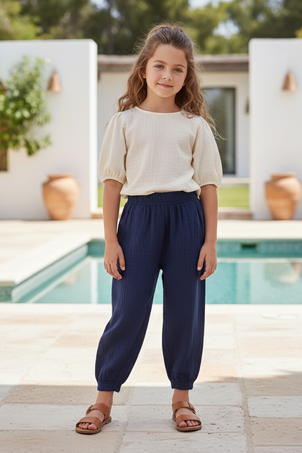 Pantalon En Lin Bleu Marine Ample Coton Enfant