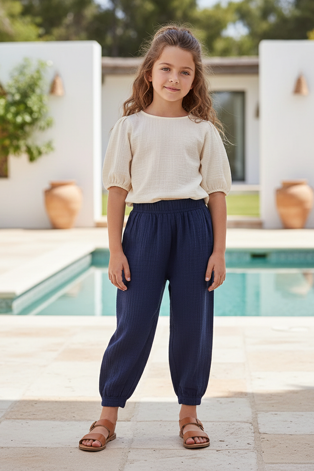 Pantalon En Lin Bleu Marine Ample Coton Enfant