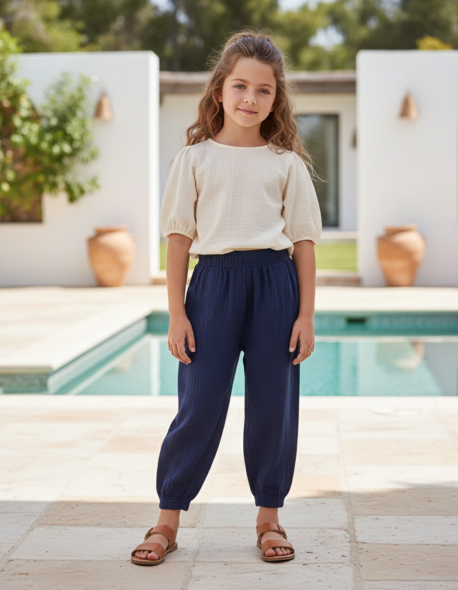 Pantalon En Lin Bleu Marine Ample Coton Enfant