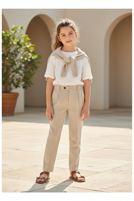 Pantalon En Lin Beige Plissé Droit Élégant Enfant