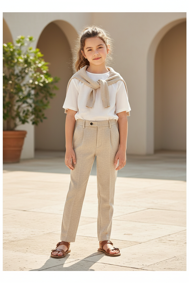 Pantalon En Lin Beige Plissé Droit Élégant Enfant