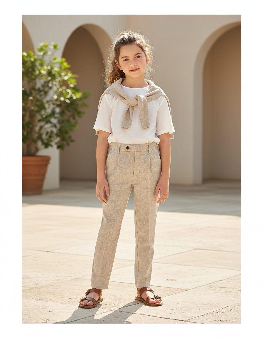 Pantalon En Lin Beige Plissé Droit Élégant Enfant
