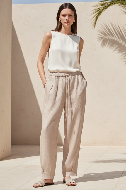 Pantalon En Lin Beige Ample Taille Élastique Décontracté Fluide
