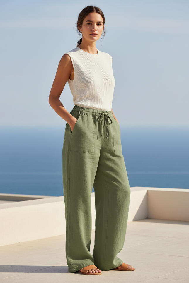 Pantalon En Lin Vert Ample Décontracté Taille Haute - Kaki