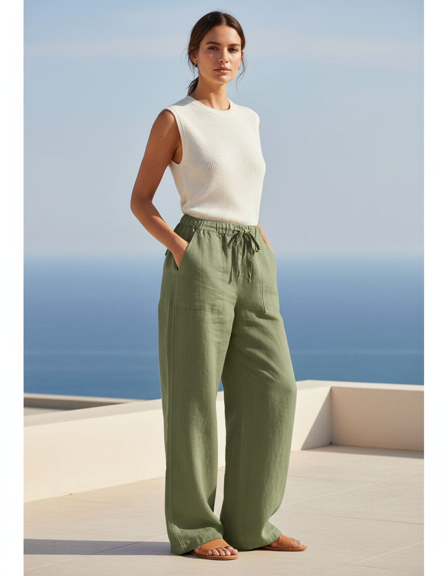 Pantalon En Lin Vert Ample Décontracté Taille Haute - Kaki