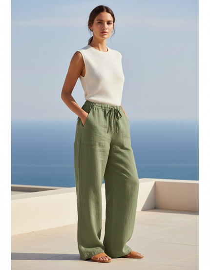 Pantalon En Lin Vert Ample Décontracté Taille Haute - Kaki